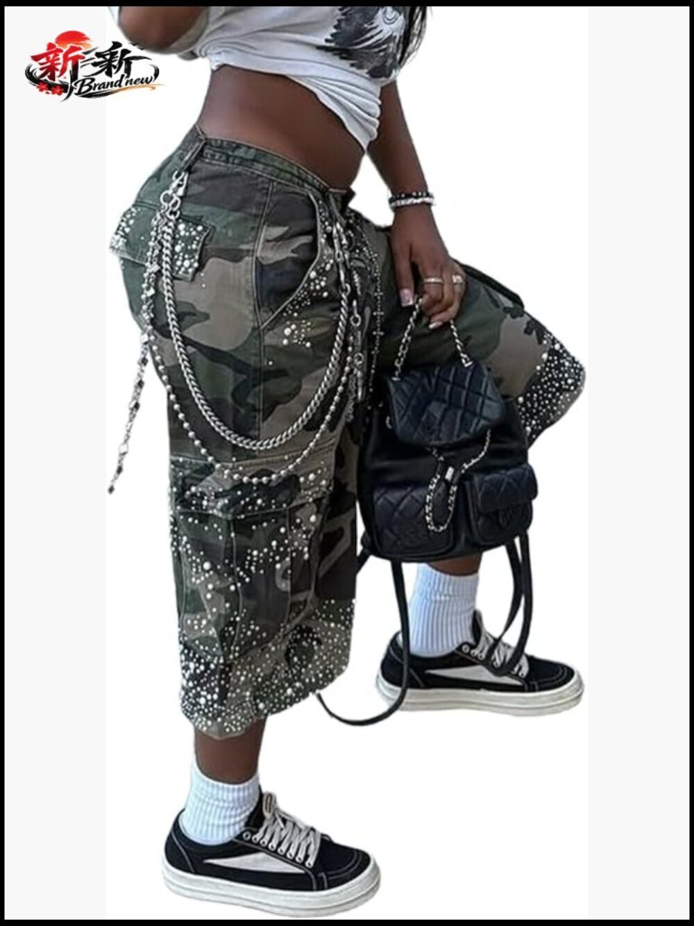 Casual Camo Cargo Pants High Waist Wide Leg Pearl Diamond Denim Short Pants